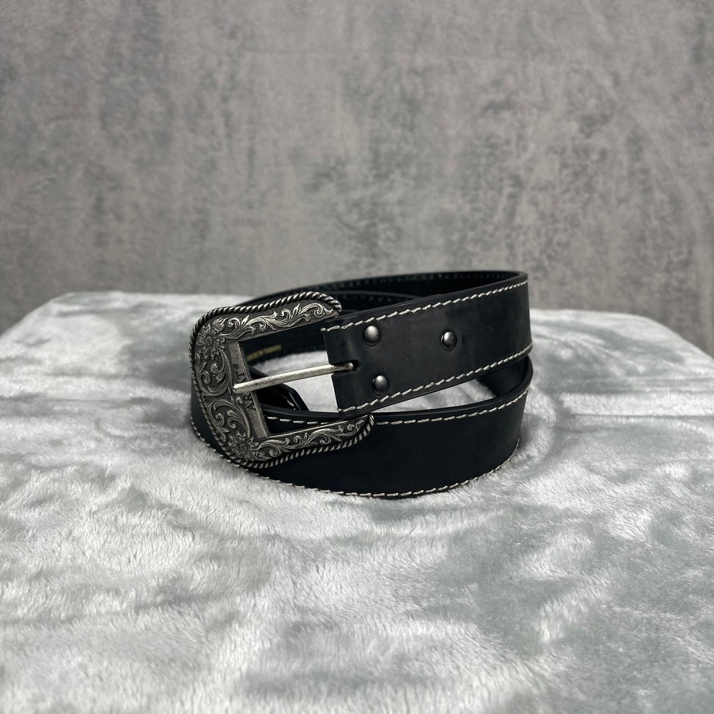 Ariat Western Belt Mens M Black Leather Engraved Silver Buckle Floral Stitch
